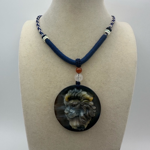 Agate Lion Pendant Necklace with Blue Adjustable Rope Cord - Picture 2 of 14